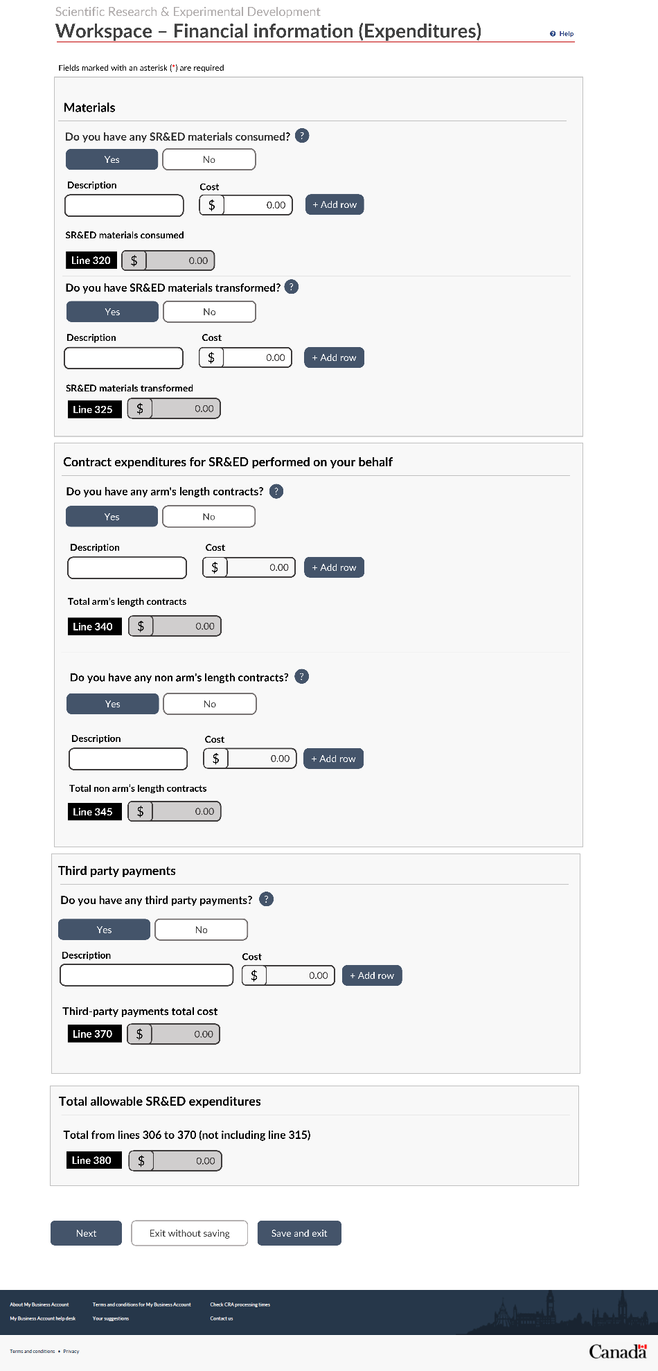 Screenshot of SR&ED Workspace financial information (expenditure) section