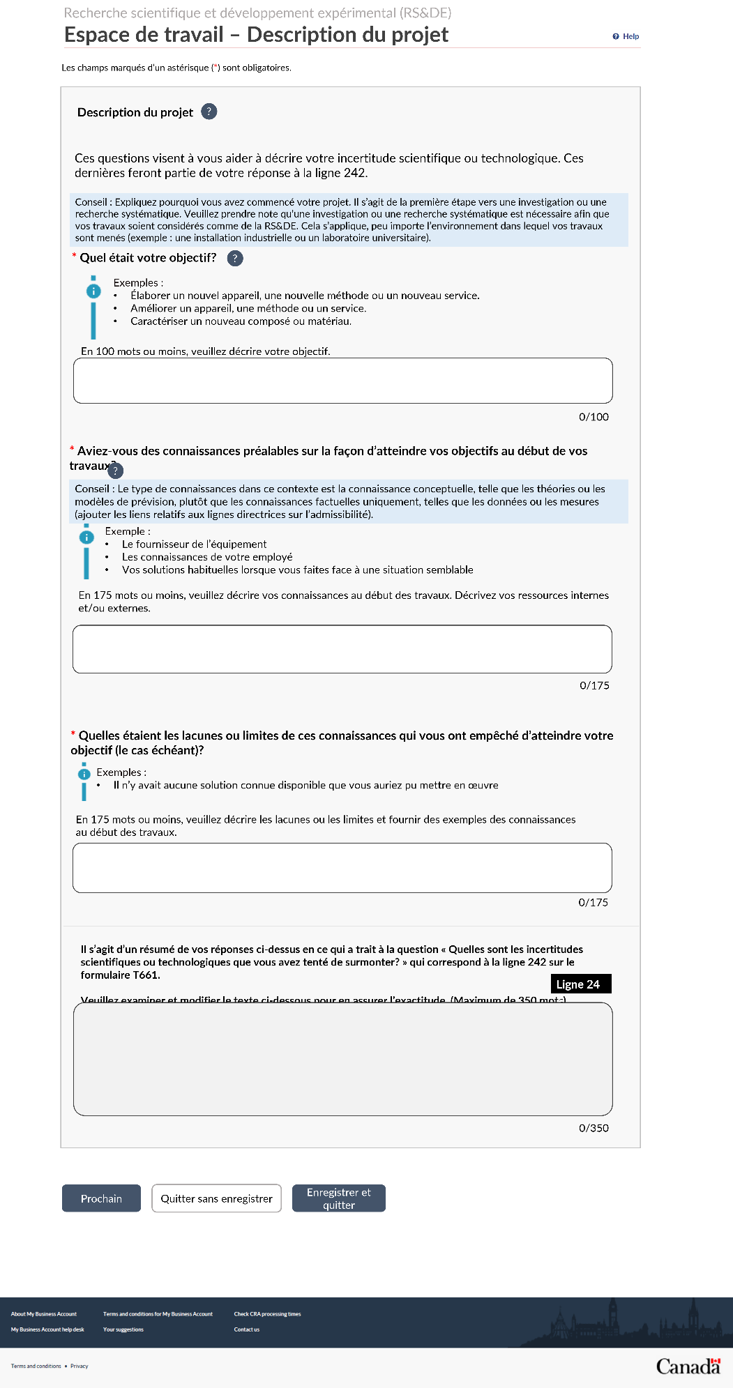 Capture d'écran de la section description du projet de l'espace de travail de la RS&DE 