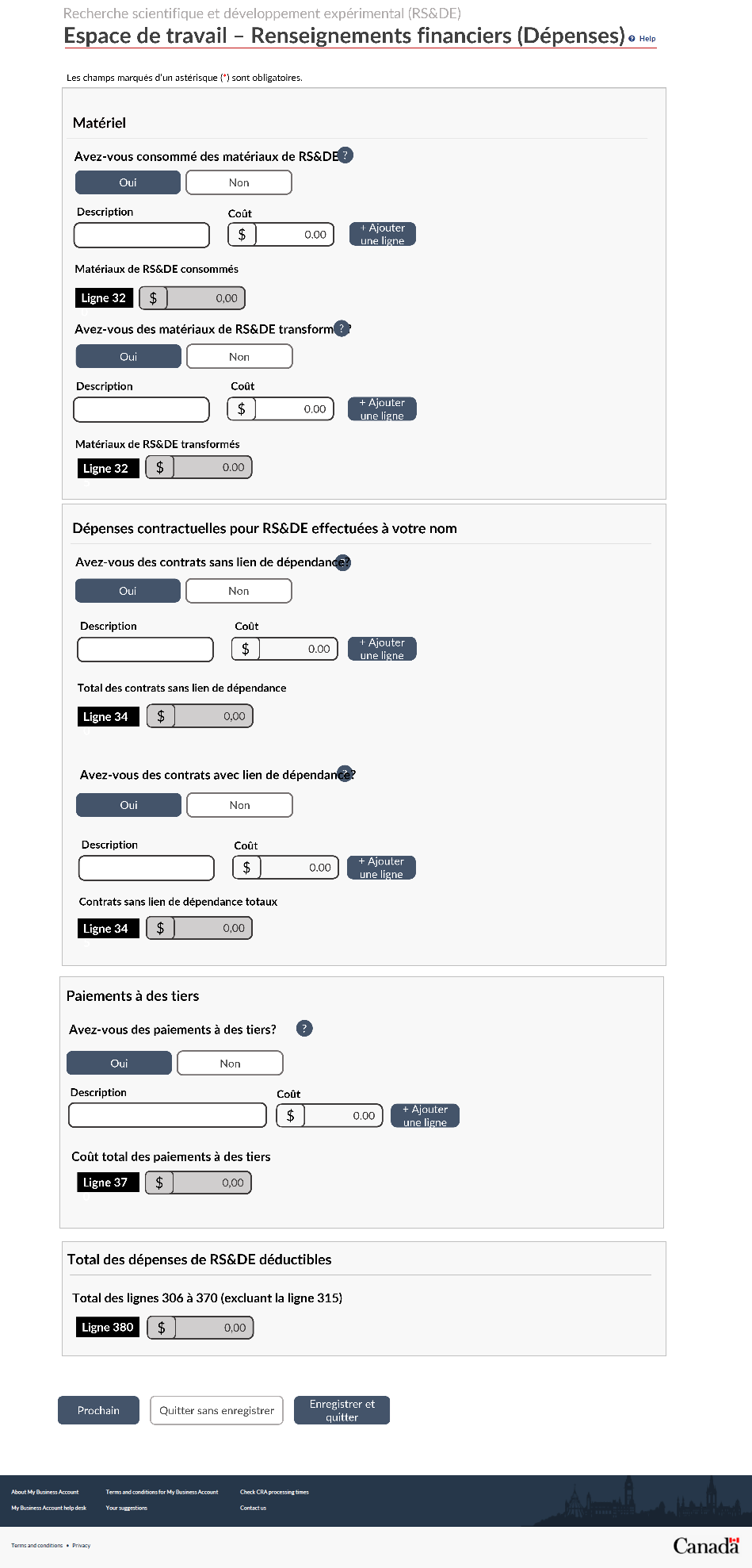 Capture d'écran de la section des renseignements financiers (dépenses) de l'espace de travail RS&DE