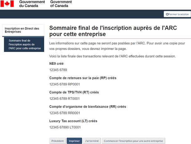 Sommaire final de l'inscription auprès de l'ARC pour cette entreprise