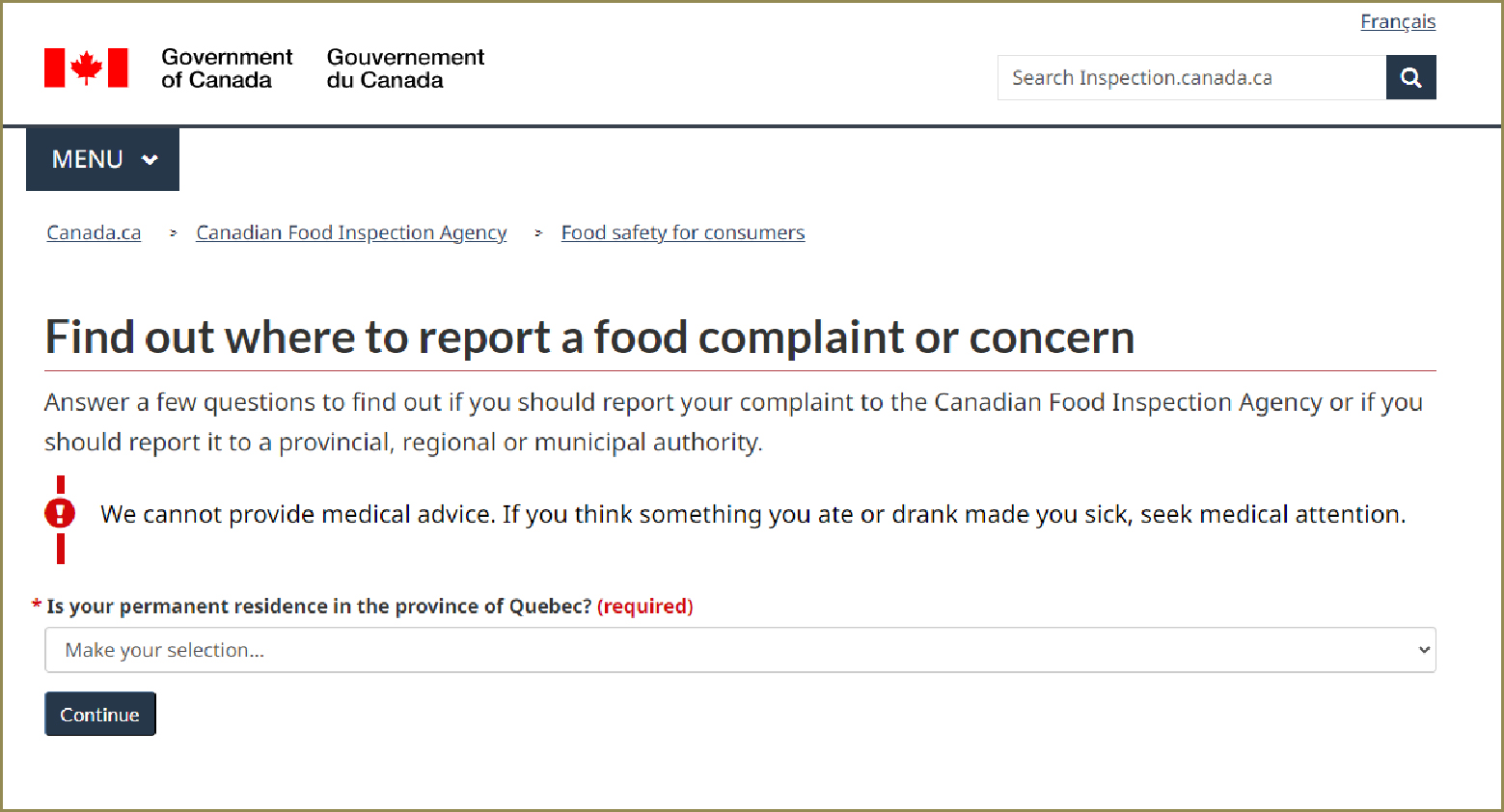 The screenshot shows a web page from the Canadian Food Inspection Agency (CFIA) intended to guide users on how to report a food complaint or concern.