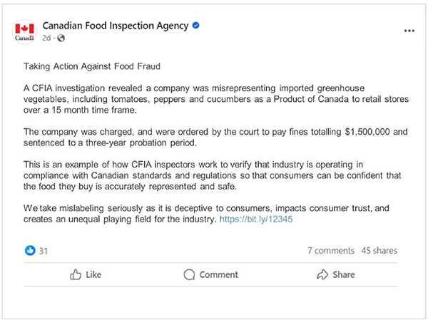 The Facebook post by the Canadian Food Inspection Agency (CFIA)