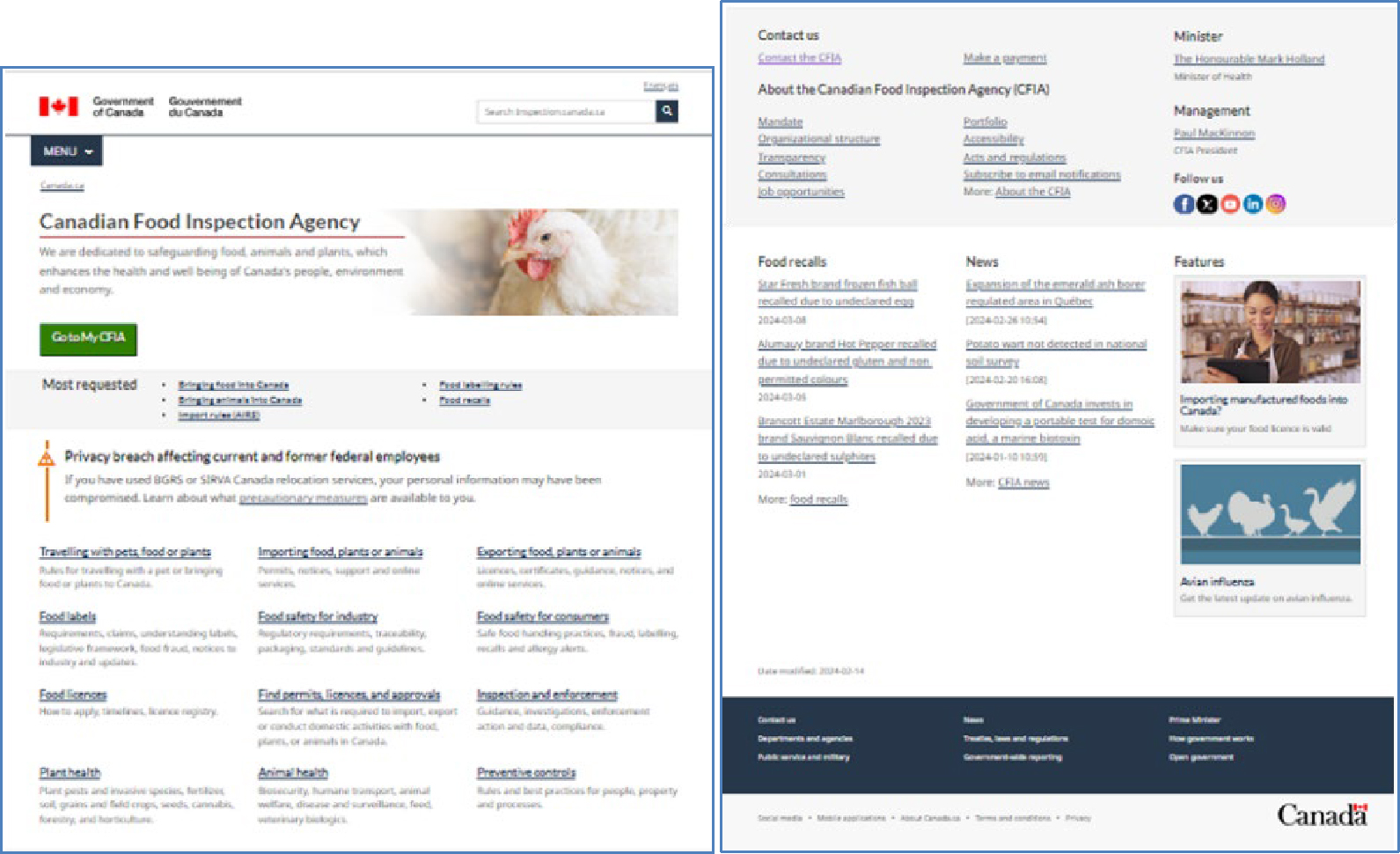 The screenshot displays two web pages from the Canadian Food Inspection Agency (CFIA) website, providing a comprehensive overview of the agency’s services and information resources.