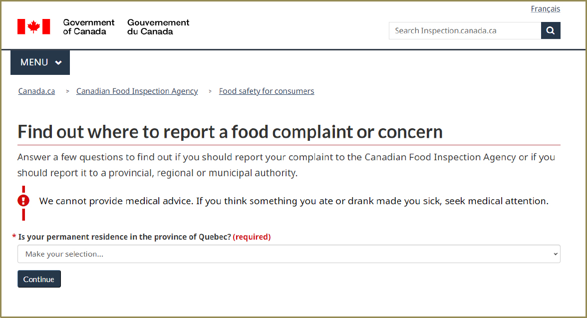 The screenshot displays a web page from the Canadian Food Inspection Agency (CFIA) that guides users on how to report a food complaint or concern.