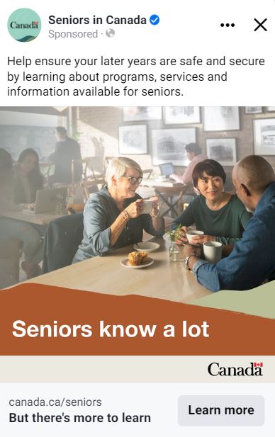 A Facebook post from Seniors in Canada showing seniors in café. Text version below.