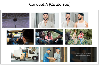 A composite image of all ads for Concept A titled Outdo You. It includes screenshots of different scenes from the video. The last screenshot is blurred and includes white text reading Its time we all double down against climate change.