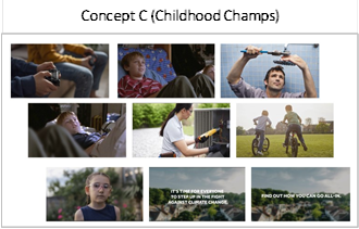 A composite image of all ads for Concept C titled Childhood Champs. It includes screenshots of different scenes and individuals from the video. The last two screenshots are blurred and include white text reading Its time for everyone to step up in the fight against climate change, and Find out how you can go all-in.