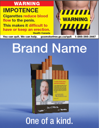 A picture of a cigarette package with the message: Warning. Impotence. Cigarettes reduce blood flow to the penis. This makes it difficult to have or keep an erection.