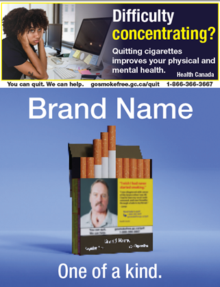 A picture of a cigarette package with the message: Difficulty concentrating? Quitting cigarettes improves your physical and mental health.