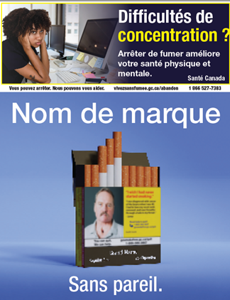 Une photo d'un paquet de cigarettes avec le message : Difficultés de concentration? Arrêter de fumer améliore votre sante physique et mentale. 