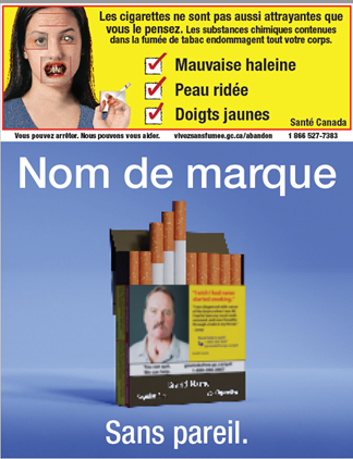 Une photo d'un paquet de cigarettes avec le message : Les cigarettes ne sont pas aussi attrayantes que vous le pensez. Les cigarettes ne sont pas aussi attrayantes que vous le pensez. Les substances chimiques contenues dans la fumée de tabac endommagent tout votre corps. Mauvaise haleine. Peau ridée. Doigts jaunes.