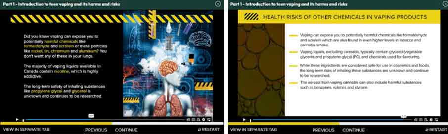 Screenshot of the Part 1 of the module about Introduction to the teen vaping and its harms and risks and Health risks of other chemicals in vaping products.