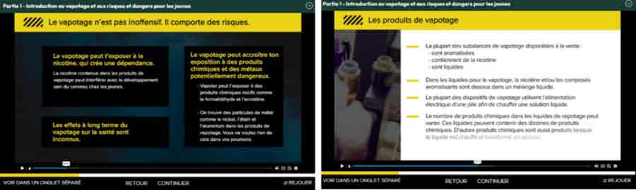 Apprentissage sur les produits et dispositifs ainsi que sur les risques et dangers liés au vapotage