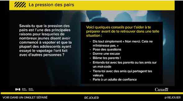 Partie 3 – Informations sur les coûts du vapotage, et conseils et trucs pour résister à la pression par les pairs