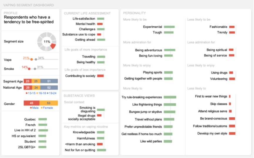 Dashboard of this segment visually representing the key results described above in the text.