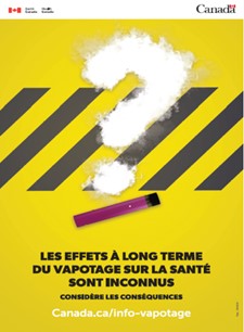 Image d'une nuage en forme de point d'interrogation fait avec une vapoteuse. Les effets à long terme du vapotage sur la santé sont inconnus. Considère les conséquences. Canada.ca/info-vapotage