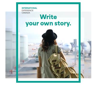 An image with a green border framing a person with a hat and backpack walking away from the camera with text that says "Write your own story."