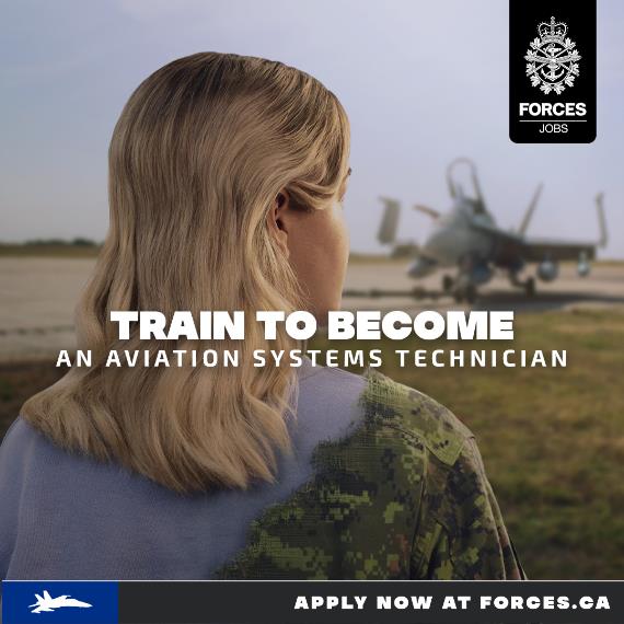 A white woman in her 20s is wearing a sweater. She is seen from behind while facing a fighter jet parked in an empty airfield with an open cockpit. A Canadian Air Force uniform is morphing from her right shoulder towards her left, covering parts of her civilian clothing. The on-screen text reads “train to become an aviation systems technician. Apply now at Forces.ca.