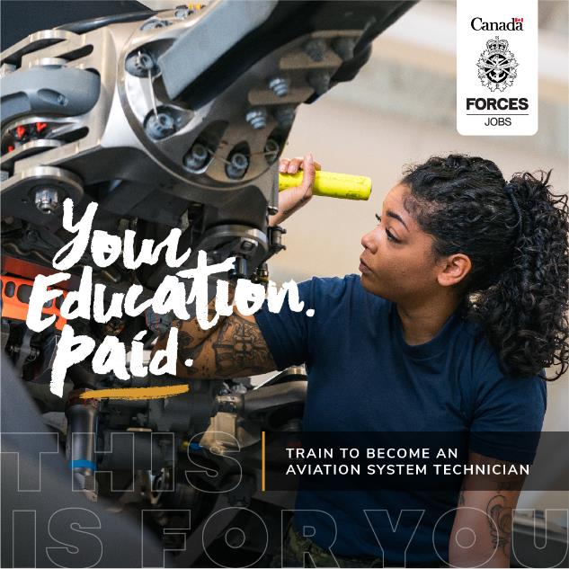 A Black woman in her 20s with visible tattoos, her long, curly hair tied back, and wearing a dark blue t-shirt repairs a helicopter rotor. The on-screen text reads “your education paid. Train to become an aviation systems technician. This Is For You.