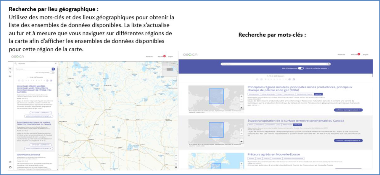 Une paire de captures d'écran représente les recherches géographiques et par mots-clés.