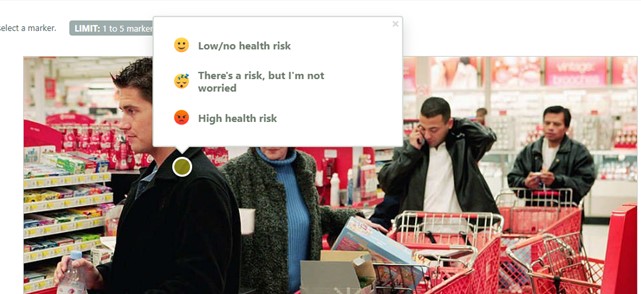 Image of four people at a retail store with a menu superimposed to illustrate the functionality of the heat map question to highlight areas of low/no health risk, where there is a health risk, but they are not worried or where there is a high health risk using emoticons.