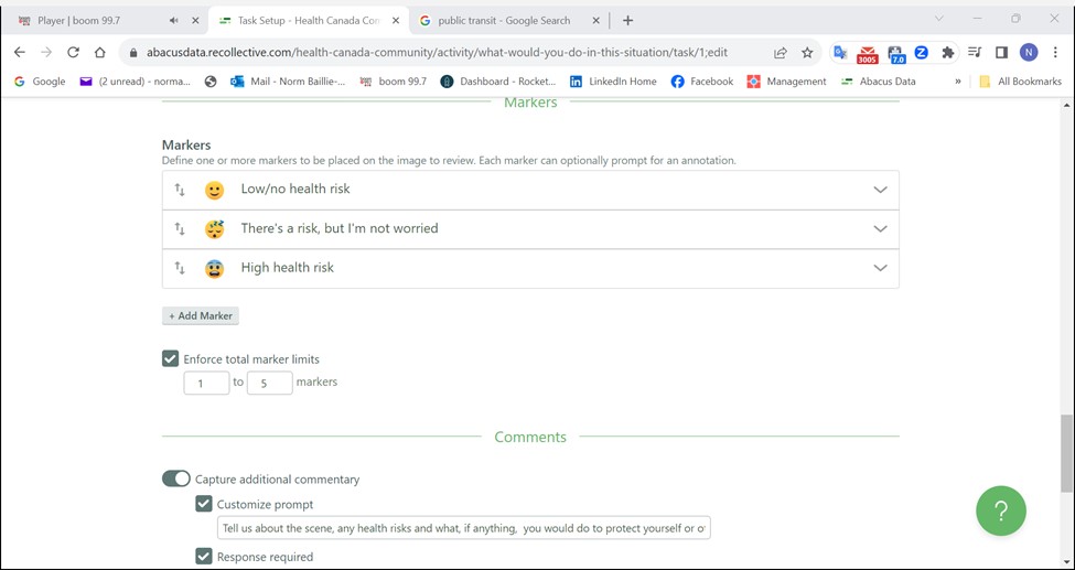 Image of the Recollective platform task set up that shows three options for markers: low/no health risk, there's a high risk, but I'm not worried and high health risk.