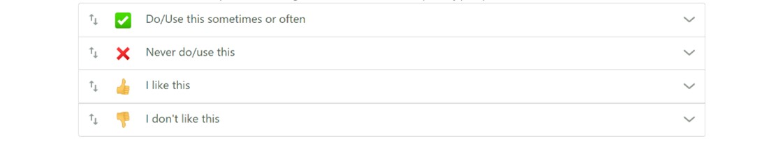 Screen shot of the Recollective tool summary of icons to be used in the activity including a green checkmark next to the words 'Do/Use this sometimes or often', a red X next to the words 'Never do/use this', a thumbs up next to 'I like this' and a thumbs down next to 'I don't like this'.