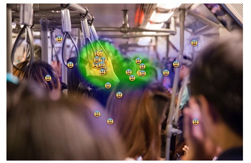 Figure 1 depicts a densely packed public transit vehicle with passengers gripping handles and supports. A heat map overlays areas perceived as higher risk by group 3, concentrated mainly around the handles.