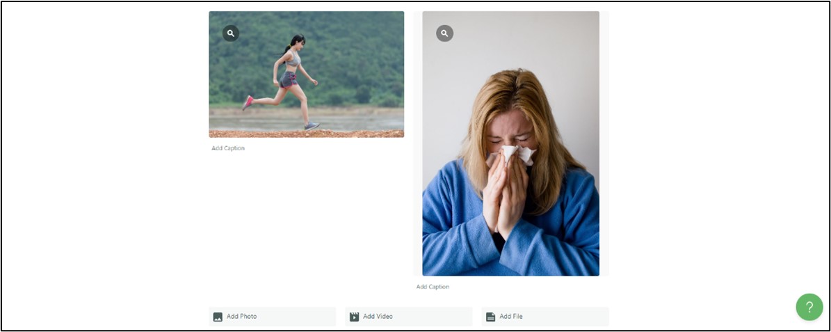 Screenshot of Recollective Platform illustrating layout of activity with examples of participant ability to select images to illustrate their responses - such as a man running or a woman blowing her nose.