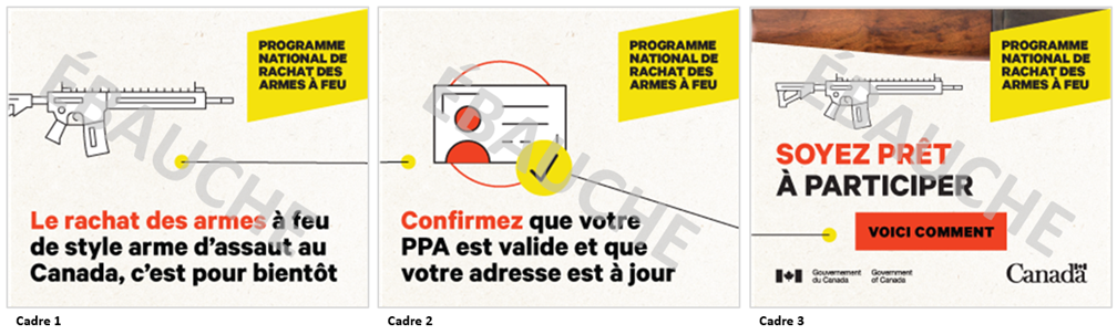 Trois images dun concept de publicit numrique sous forme de fichier GIF anim. Les trois images comprennent le texte  Programme national de rachat des armes  feu  dans un encadr jaune situ dans le coin suprieur droit. Limage 1 comporte une icne reprsentant une arme  feu de style arme dassaut, et une ligne relie celle-ci  lextrmit droite. On peut lire le texte  Le rachat des armes  feu de style arme dassaut au Canada, cest pour bientt.  La ligne de limage 1 continue sur limage 2, se raccordant  une icne reprsentant un permis darme  feu accompagne dun crochet, puis se prolonge jusqu lextrmit droite de limage. On peut lire le texte  Confirmez que votre PPA est valide et que votre adresse est  jour.  Limage 3 montre la fin de la ligne, et une icne reprsentant une arme  feu dite dassaut. On peut y lire le texte  Soyez prt  participer. Voici comment . Limage 3 comporte, dans la partie suprieure, un gros plan de la texture dune arme  feu.