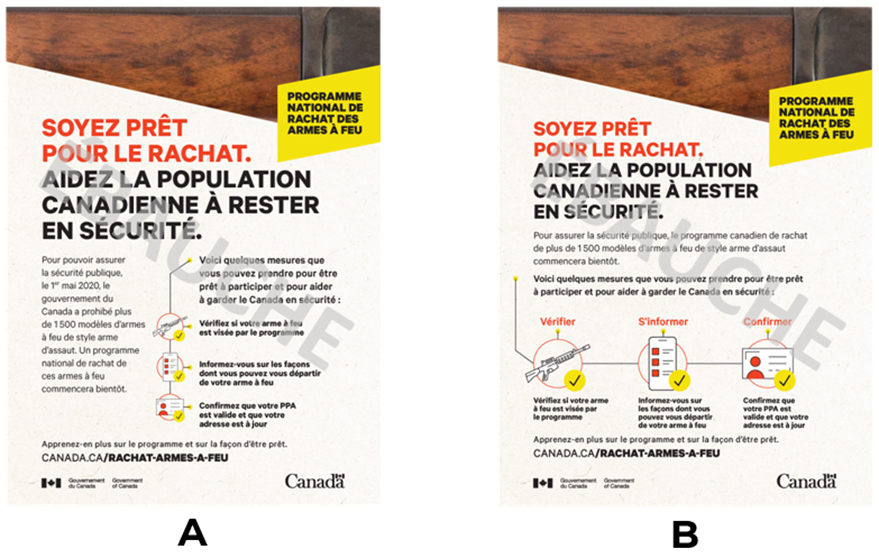 Deux versions dune publicit imprime, identifies respectivement par les lettres A et B. Les deux versions comprennent le texte  Programme national de rachat des armes  feu  dans un encadr jaune situ dans le coin suprieur droit, ainsi quun gros plan de la texture dune arme  feu dans la partie suprieure de la publicit. Chaque version prsente une liste de trois tapes  suivre pour se prparer  participer au programme de rachat, et chaque tape est illustre par les icnes suivantes : une arme  feu de style  arme dassaut , un site Web affich sur un tlphone mobile et un permis darmes  feu. Un crochet se trouve  ct de chaque icne. Sur la publicit imprime 2A se trouve une liste de vrification dispose  la verticale et, sur la publicit imprime 2B, dispose  lhorizontale. Les deux versions comprennent le titre :  Soyez prt pour le rachat. Aidez la population canadienne  rester en scurit . 

Sur les deux versions, on peut lire le texte suivant :  Pour assurer la scurit publique, le 1er mai 2020, le gouvernement du Canada a prohib plus de 1 500 modles darmes  feu de style arme dassaut. Un programme national de rachat de ces armes  feu commencera bientt. Voici quelques mesures que vous pouvez prendre pour tre prt  participer et pour aider  garder le Canada en scurit : vrifiez si votre arme  feu est vise par le programme; informez-vous sur les faons dont vous pouvez vous dpartir de votre arme  feu; confirmez que votre PPA est valide et que votre adresse est  jour. Apprenez-en plus sur le programme et sur la faon dtre prt : canada.ca/rachat-armes-a-feu .