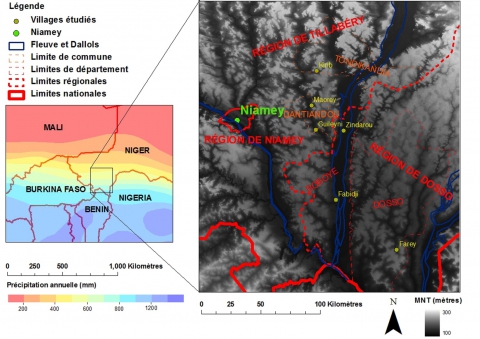 Figure 1. Localisation des villages étudiés. Les dallols (à l’ouest Dallol Bosso, à l’est, Dallol Maouri) apparaissent en sombre sur le modèle numérique de terrain.