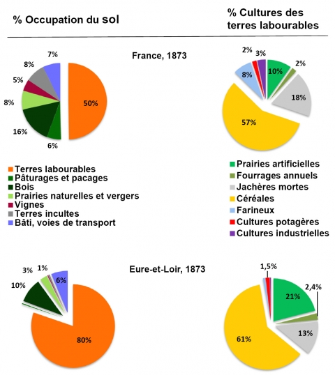 Figure 3. Diagramme d’occupation du sol et assolement des terres labourables en 1873 en France métropolitaine et pour le département d’Eure-et-Loir, d’après les données compilées de l’Annuaire des statistiques de la France.